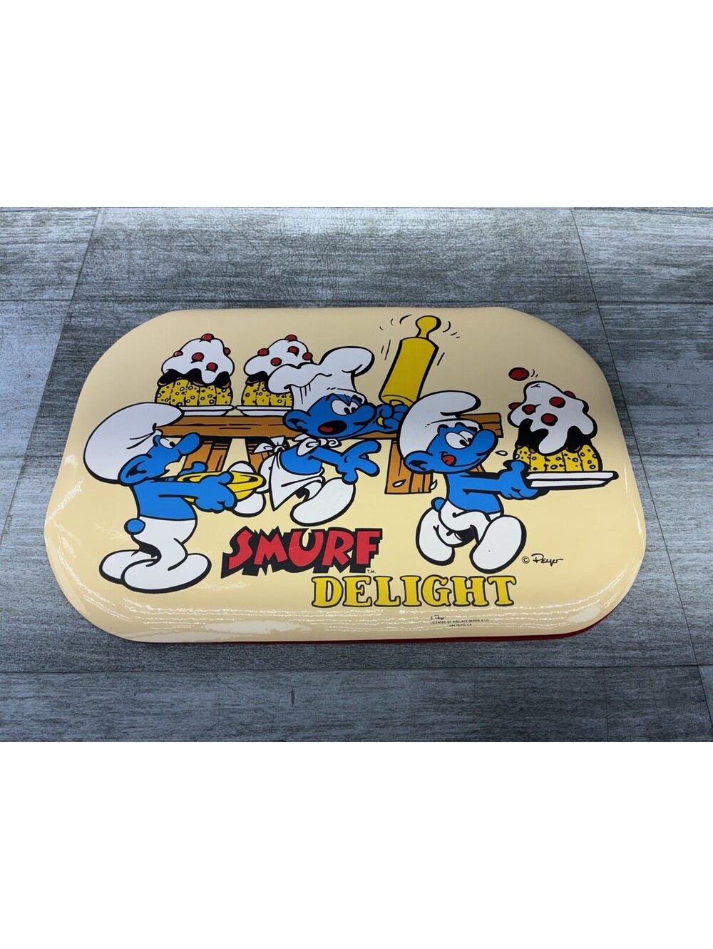 VTG Peyo Smurfs Wallace Berrie Smurf Delight Placemat 80s Vinyl Baker Greedy
